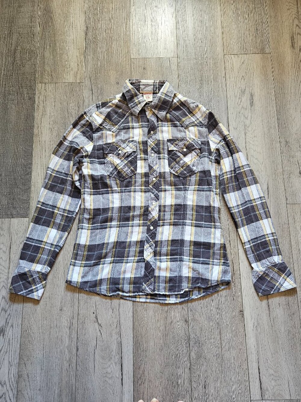 True Religion Men's XL Plaid Flannel Western Pearl Snap Shirt Black Yellow